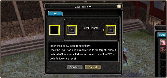 Level transfer window: Magic Stone of Transfer, source Fellow and target Fellow