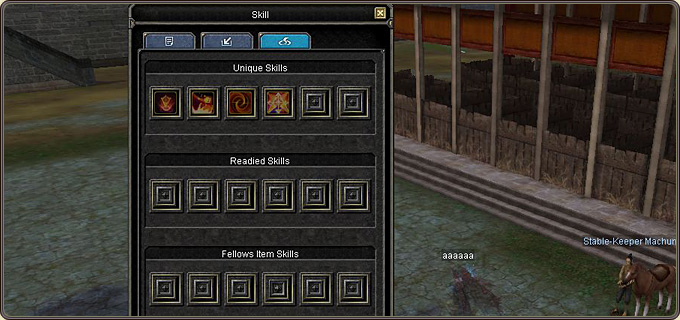 Fellow skill window with Unique, Readied and Item skill rows